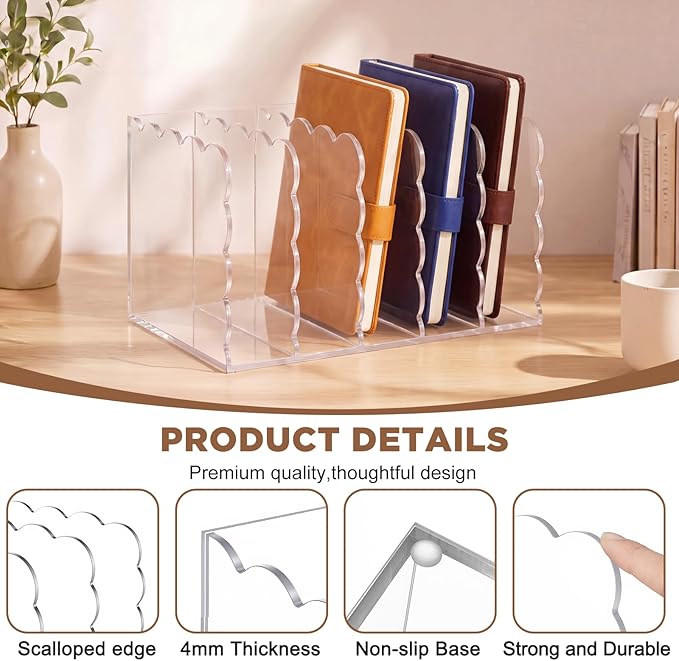 Suzile Scalloped Acrylic Magazine File Holder, 5-Compartment Clear Desk Organizer Vertical Bookends Organization for Office, Binders, Documents, Tablets, Magazines, Books(13.98 x 7.28 x 6.5 Inches)