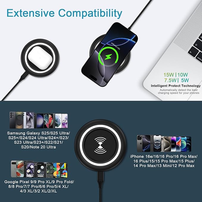 15W Samsung Wireless Charger Fast Charging Pad for Samsung Galaxy S26 S25 Edge S24 Ultra S23 S22 S21 S20 Z Flip 7 FE 6 5 4 3 Z Fold 7 6 5,Wireless Charging Station Charger Mat for iPhone 17e 17 16 15