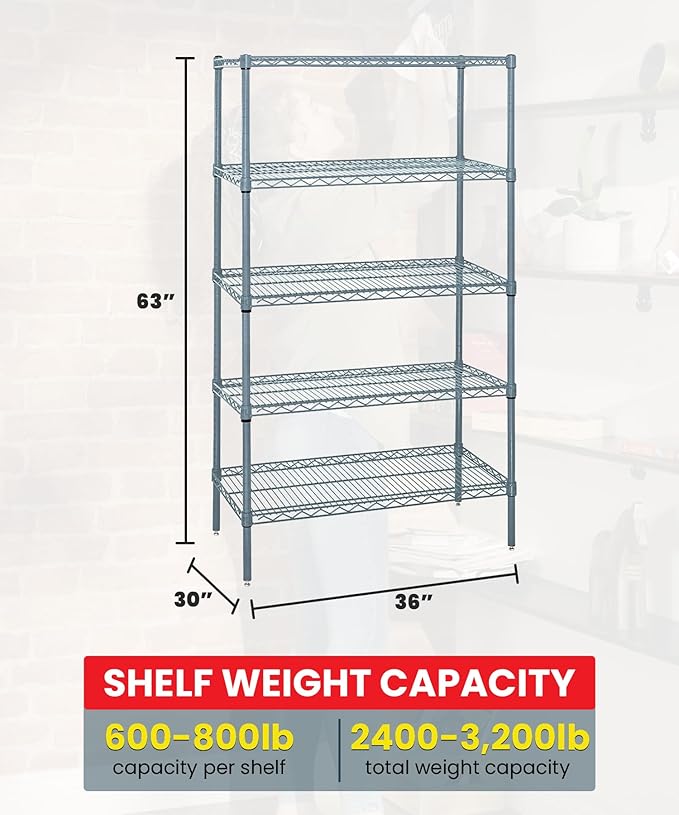 QUANTUM STORAGE SYSTEMS WR63-3036GY-5 Starter Kit Wire Shelves Gray Epoxy 5 Shelves 63" H x 36" W x 30" D