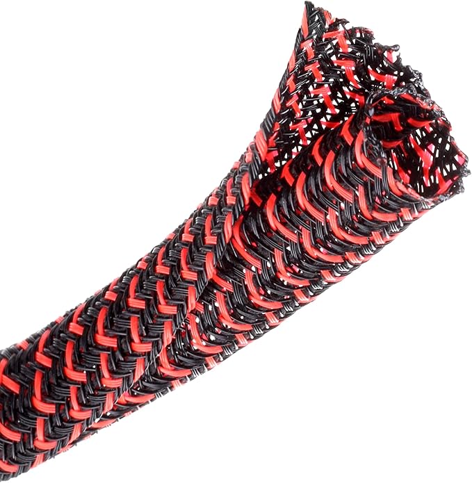 10ft - 1/2 inch Braided Cable Management Sleeve Cord Protector - Self-Wrapping Split Wire Loom for TV/Computer/Home Theater/Engine Bay - Black/Red