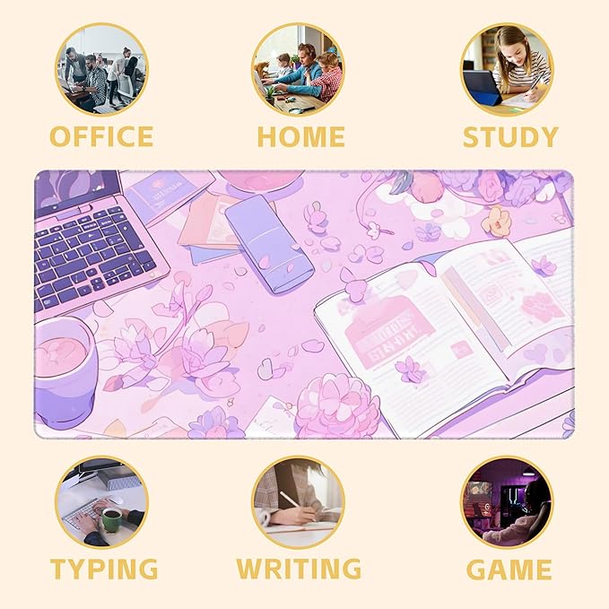 Large Mouse Pad Anime Purple Table Decorate Gaming Mousepad Desk Pad Mat for Keyboard and Mouse, Large Non-Slip Rubber Base Mousepad Desk Mat with Stitched Edges for Gaming Office, 31.5 x 15.8 in