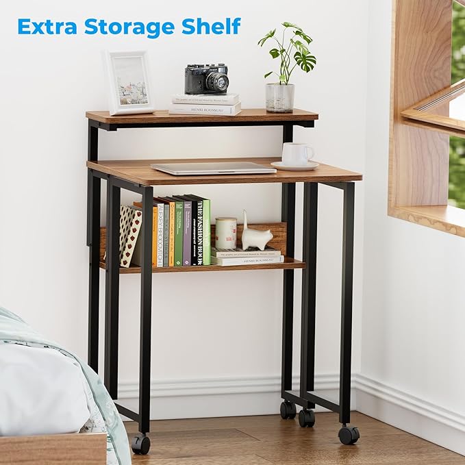GreenForest Folding Desk with Adjustable Monitor Stand and Storage Shelf, 24.8in Small Desk with Wheels, Mobile Rolling Table for Small Spaces, Home Office, Walnut