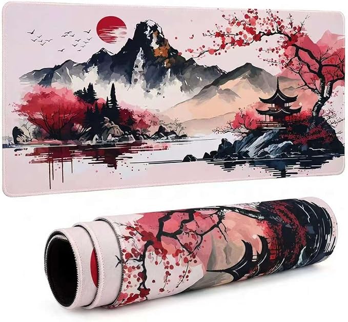 Japanese Cherry Blossom Gaming Mouse Pad 31.5x15.7in Full Desk Japanese Sakura Super Thick Mousepad Non-Slip Rubber Base Waterproof Keyboard Mat with Stitched Edges for Office 800X400X4mm