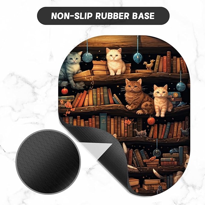 Small Mouse Pad, 6 x 7 Inch, Oval Mini Mouse Pad with Non-Slip Rubber Base for Laptop Wireless Mouse Keyboard Tray Mousepad, Cat on the Shelf
