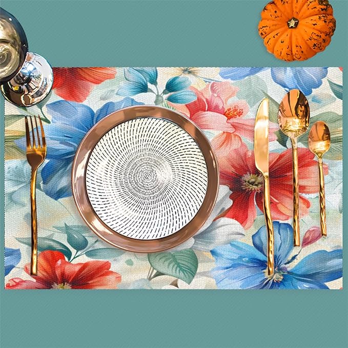 Placemats Set of 4 Heat-Resistant Rectangle Place Mats Floral Flower Colorful Washable Plastic PVC Dining Table Mat Non-Slip Wipeable Woven Vinyl Placemat for Kitchen Patio Table Decor