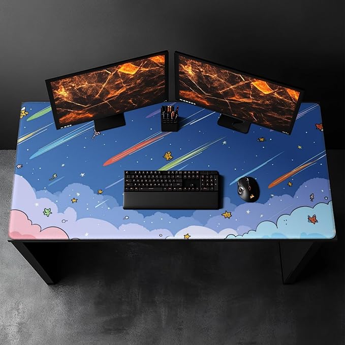 Extra Large Mouse Pad 48x24 Inch, Colorful Shooting Stars & Clouds XXXL Desk Mat with Non-Slip Base, Blue Mousepad for Gaming Office, Soft Keyboard Mat for Full Desk Coverage