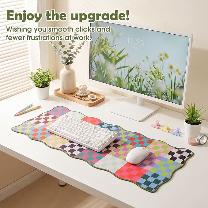 Copkim 1 Pcs Colorful Scalloped Checkered Desk Mat 31.5 x 11.8 Large Cute Mouse Pad Computer Mat Non Slip Waterproof Rubber Base with Border Stitching Soft Keyboard Pad for Home Office Game Makeup