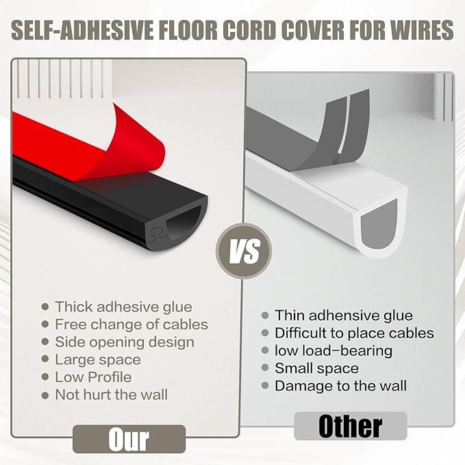 Cord Wall Cover, 118in Self-Adhesive Wire Covers for Cords on Wall, Extension Cable Hider for Floor, Mounted Tv, Home and Office Cavity 0.63" Wx0.31 H (Black)