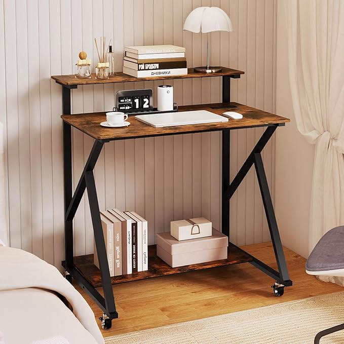 Tangkula Rolling Computer Desk Cart with Power Outlets, 32" Mobile Portable Laptop PC Desk with Monitor Stand, CPU Stand & Storage Shelf, Compact Small Desk on Wheels for Small Space (Rustic Brown)