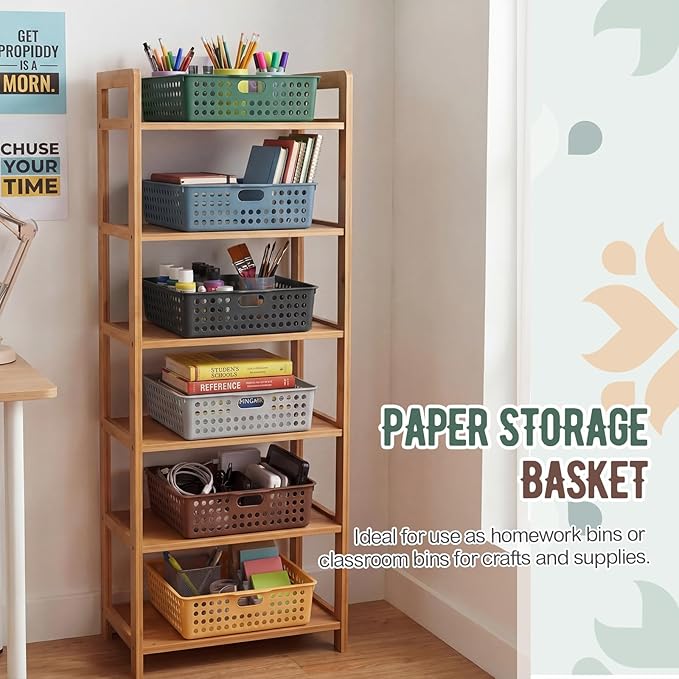 Geetery 6 Pack Classroom Storage Baskets with Handle 14''x10'' Paper Tray Holds A4 Turn in Trays Plastic Paper Baskets Desk Organizer Bin for Classroom, Library, Office, Home (Cottage Color)