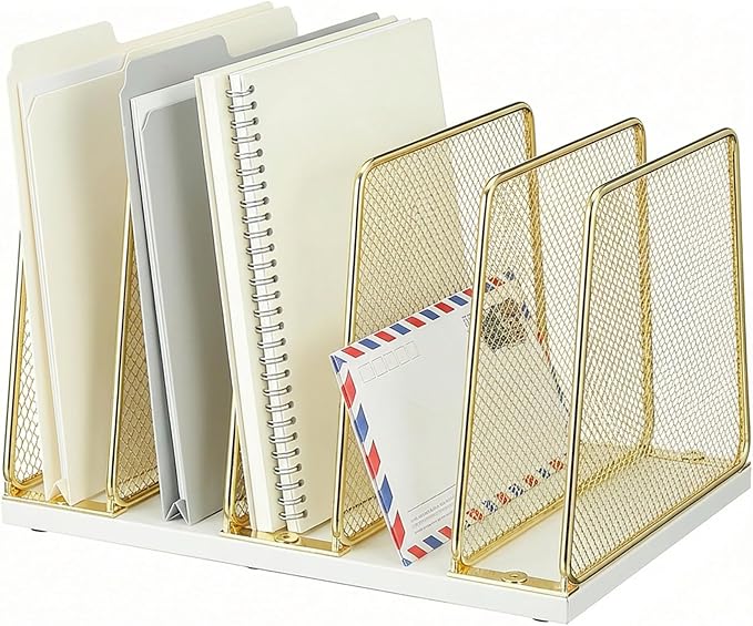AUPSEN 5-Section Gold File Organizer for Desk, Wood Mesh Desktop File Organizer, File Sorter Storage Rack, Vertical Folder Holder for Files, Magazines, Books (Gold)