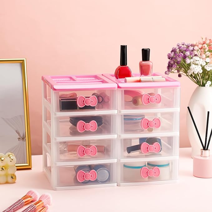 Tatuo Lovely Receiving Storage Cabinets Kawaii Makeup Organizer with 4 Layers Cute Storage Cabinet Box with Bow Handle Plastic Desktop Storage Box for Home Bedroom Bathroom Women Gifts(Clear)