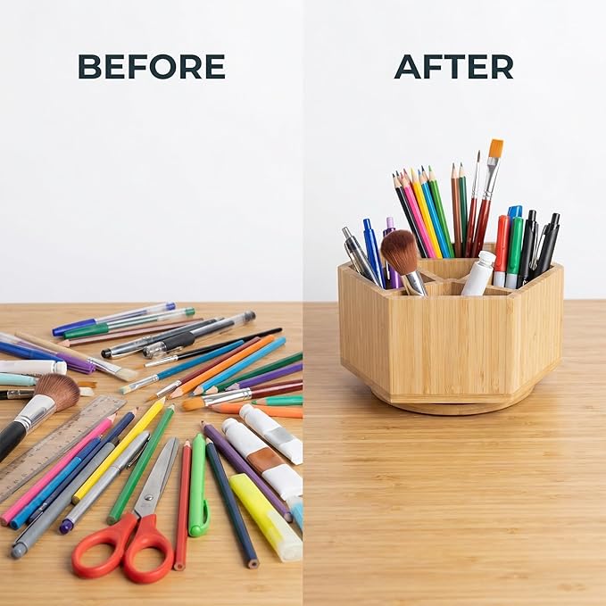 360° Rotating Bamboo Art Supply Organizer, Pen Holder Multifunctional Office Accessory Storage, Desk Organizer for Colored Pencil, Crayon, Paint Brushes, Makeup Organizer
