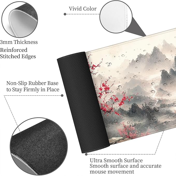 Ink Painting Large Mouse Pad Plum Bossom Mountain Mousepad XL Large Gaming Mouse Pad Laptop Keyboard Mat Desk Pad Fits Home Desk, Office Table, or Study Room 31.5x11.8 Inch