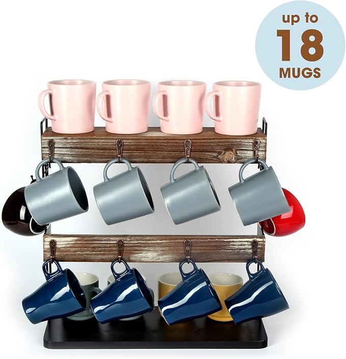 J JACKCUBE DESIGN Rustic Wooden Coffee Mug Holder – Multi-Tier Coffee Cup Holder and Mug Rack with Storage Space – Perfect for Kitchen and Countertop Organization - MK651A