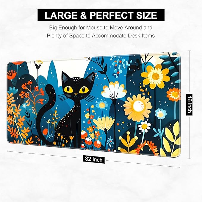 Desk Pad, 32" x 16" XXXL Extended Large Gaming Mouse Pad, Desktop Decor Desk Mat, Men Women Office Supplies and Accessories, Cute Anime Mouse Mat for Laptop & Keyboard, Colorful Flower Cat