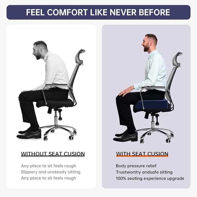 Pressure Sore & Tailbone Pain Relief Wheelchair Cushions - Infused Memory Foam with Balanced Support & Softness - Breathable for Office Chair,Desk & Car Seat, 4'' Thick,Non-Slip(Navy)