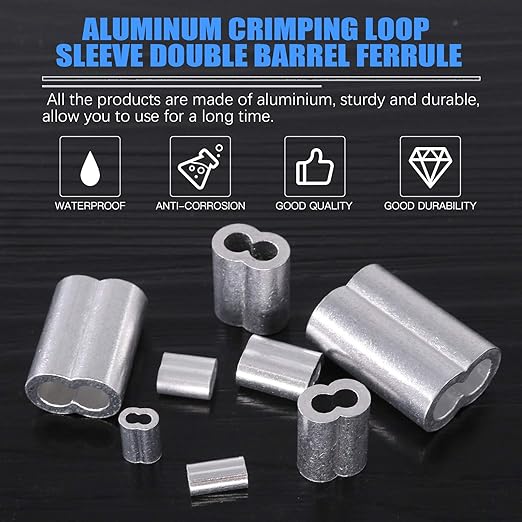 Glarks 50Pcs 1/4''(6mm) Aluminum Crimping Loop Sleeve Wire Rope Sleeves Double Barrel Ferrule for Wire Rope and Cable Line End (1/4''-50Pcs)
