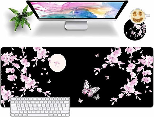 Japanese Sakura Cherry Blossom Pink Black Mouse Pad Large with Coaster, 31.5x11.8 Full Desk Mousepad Stitched Edges Non Slip Base Desk Pad Extended Large Gaming XXL Mouse Pad for Desk Office Home