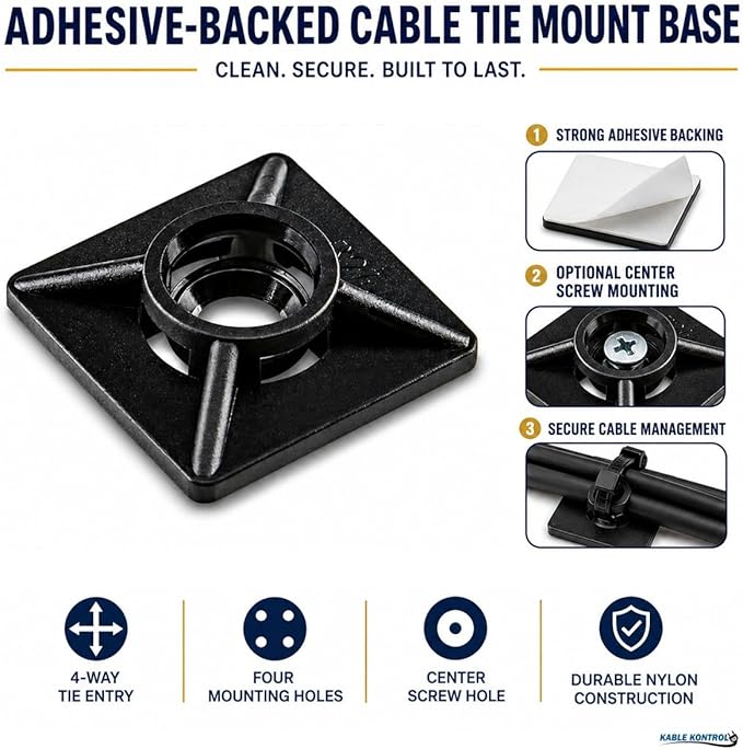 Kable Kontrol Zip Tie Mounts, 3/4” Sq, Black, 100 Pcs, Adhesive Backed Multi-Purpose UV-Resistant Mounting Squares Nylon Cable Tie Wrap Anchor Pads for Cable Management