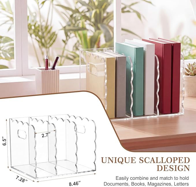 Suzile Scalloped Acrylic Magazine File Holder with Handle, 3-compartment Clear Desk Organizer Vertical Bookends Organization for Office, Binders, Documents, Magazines, Books(8.46 x 7.28 x 6.5 Inches)