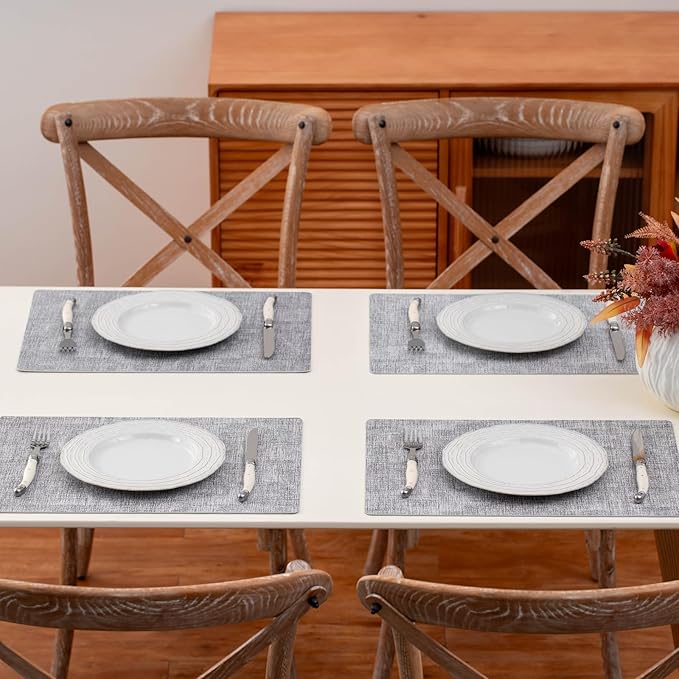 Vinyl Placemats Set of 4 - Faux Leather 100% Waterproof Oil-Proof Wipeable PU Place Mats, Heat Resistant Reversible Table Mats for Kitchen, Dining, Outdoor (Light Gray)