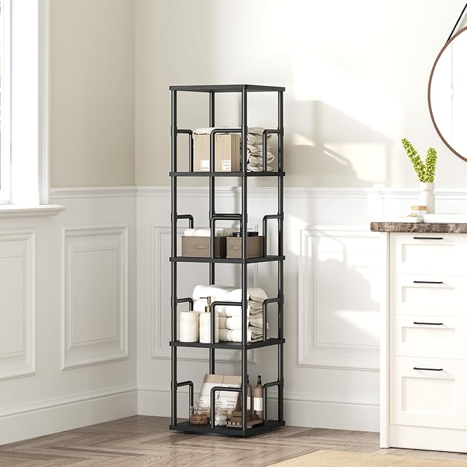 MAHANCRIS 4-Tier Rotating Bookshelf, Freestanding Corner Bookshelf, 360° Spinning Bookcase, Industrial Style Storage Rack with Rails, for Living Room, Bedroom, Study, Black BKBK1501