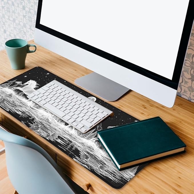 Wild Horses Mouse Pad, Black White Moon Mountain Gaming Desk Mat with Stitched Edges,Non-Slip Waterproof Rubber Base Mouse Mat, 31.5x11.8in Desk Home Office Gaming