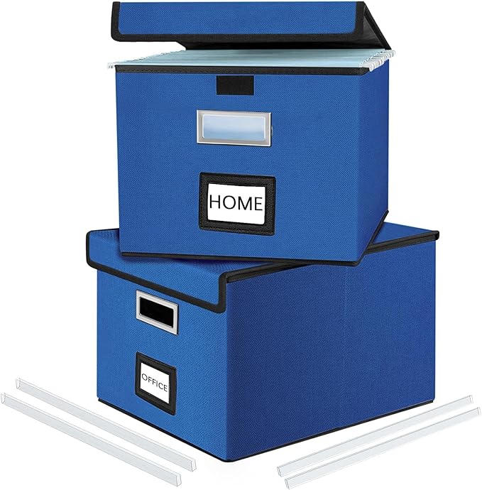 Decorative File Organizer Boxes Office Document Storage with Lids, Portable Collapsible Linen Hanging Filing & Storage Boxes for Office/Decor/Home (Royal Blue) -14.9 x 12.7 x 10.8 inch -2 Pack