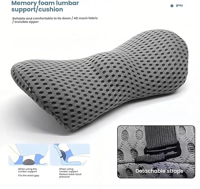 Memory Foam Lumbar Support Pillow with Detachable Adjustable Straps, Lower Back Cushion for Pain Relief, Breathable Washable Cover, for Office Chair Car Seat Recliner Bed