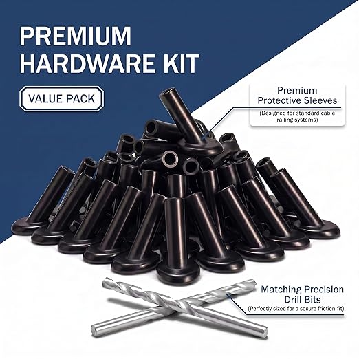 20 Pack 45 Degree Angle Protective Sleeves, Black Cable Railing Stair Protector Sleeve Beveled for 1/8" Wire Rope, T316 Marine Grade Cable Railing Kit with Two Drill Bit for Wood Posts HF039B