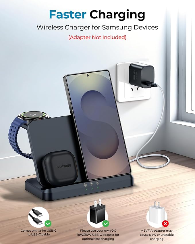 Wireless Charger for Samsung – 3 in 1 Wireless Charging Station for Galaxy S26 Ultra S25 S24, Z Fold Flip 7/6, Detachable Watch Charger for Galaxy Ultra 8/7/6, Foldable, Fast Charging, No Adapter