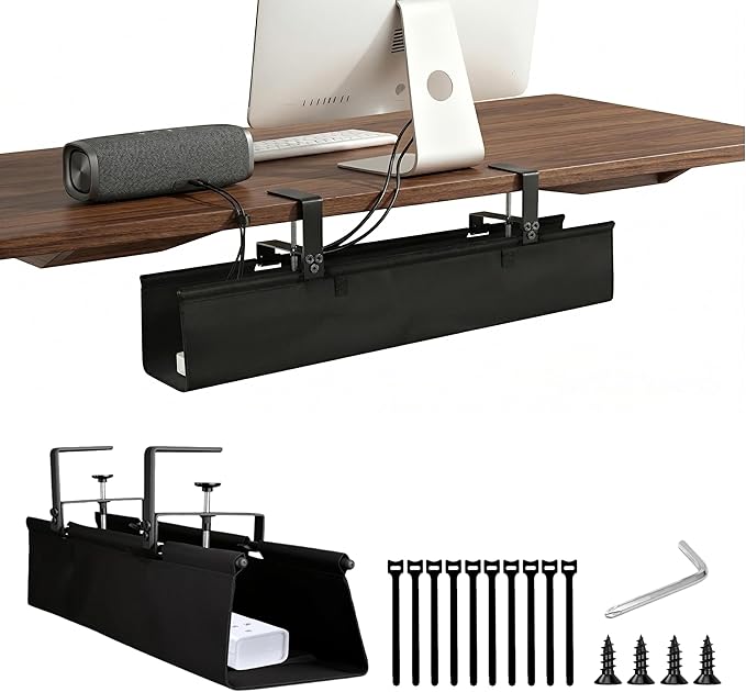 36" Under Desk Cable Management Tray - No Drill Oxford Cloth Cord Organizer with Clamp & Screw Mount - Large Capacity Fabric Cable Holder for Home Office, Gaming Desk & Standing Desk (Black)