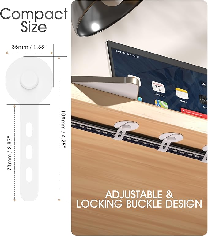 Cable Management Under Desk, Adjustable Self-Adhesive Silicone Cable Ties Cord Organizer, Reusable Heavy-Duty Cord Holder Under Table for Office, Home, School (10Pcs-White)