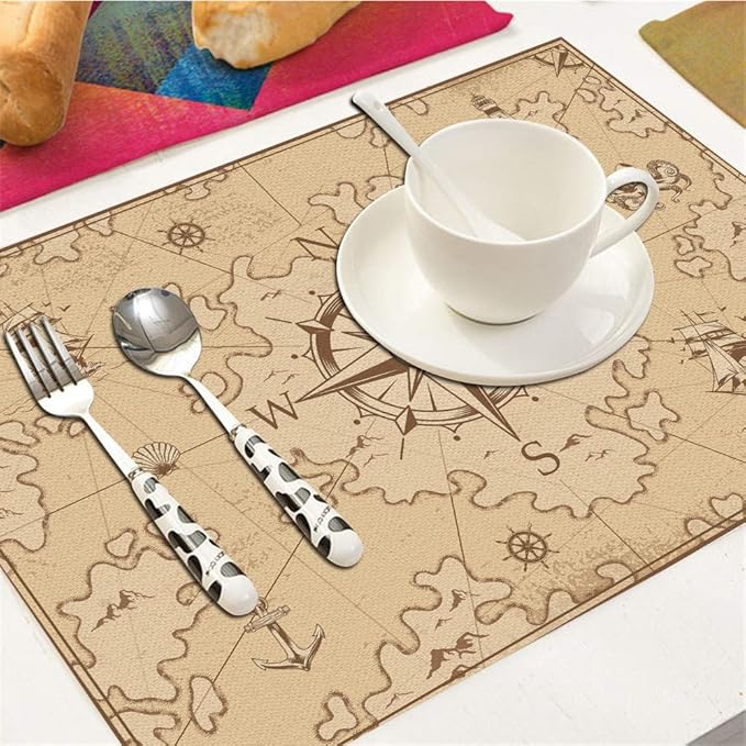 Placemats Set of 4, Nautical Island Map Vintage Placemats Heat Resistant for Dining Table Non-Slip 18x12 Inches