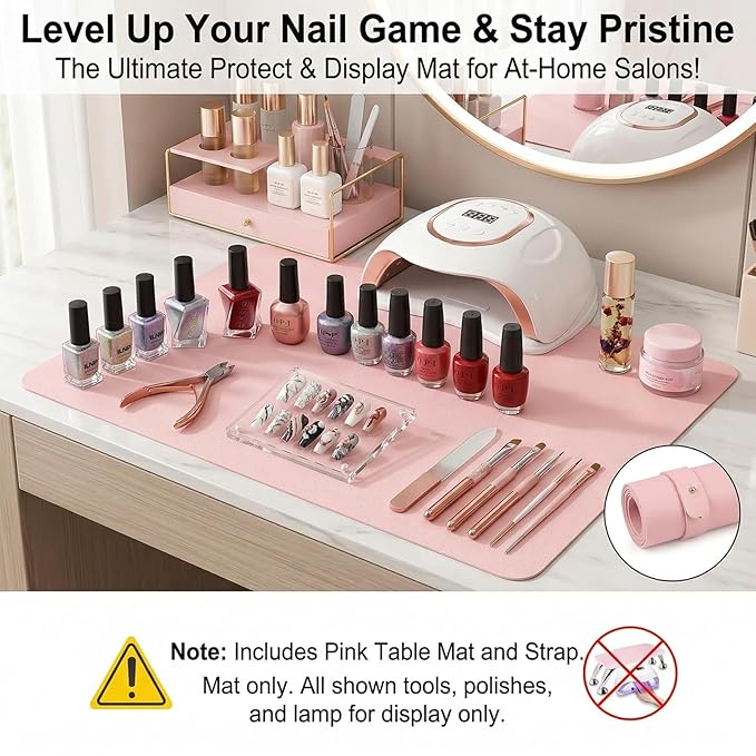 Nail Art Table Mat, Foldable Nail Hand Rest Manicure Pad, Soft Microfiber PU Leather Nail Mat, Nail Arm Rest Pad for Acrylic Nails, Nail Table Pad Desk Mat for Nail Technician Salon Home (Pink)