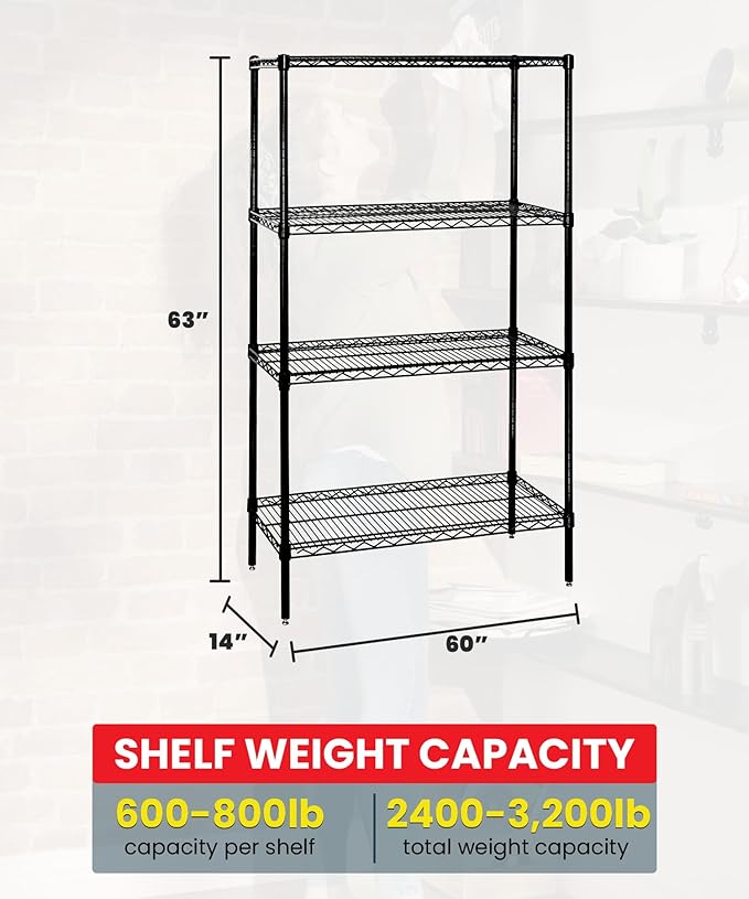 Quantum Storage Systems WR63-1460BK Wire Shelving Starter Kit, 60" W x 14" D x 63" H, 600 lbs Capacity, Carbon Steel, Epoxy Coated, Black, NSF