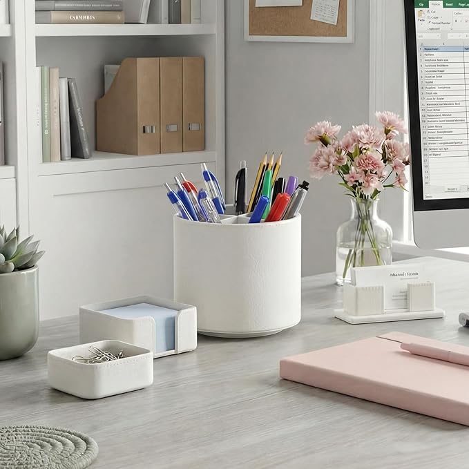 4 Pcs Rotating Leather Pen Holder Organizer Office Desk Accessories Set with Business Card Sticky Note Holder Paperclip Storage Desktop Storage Supply for Teacher Back to School Gift(Beige)