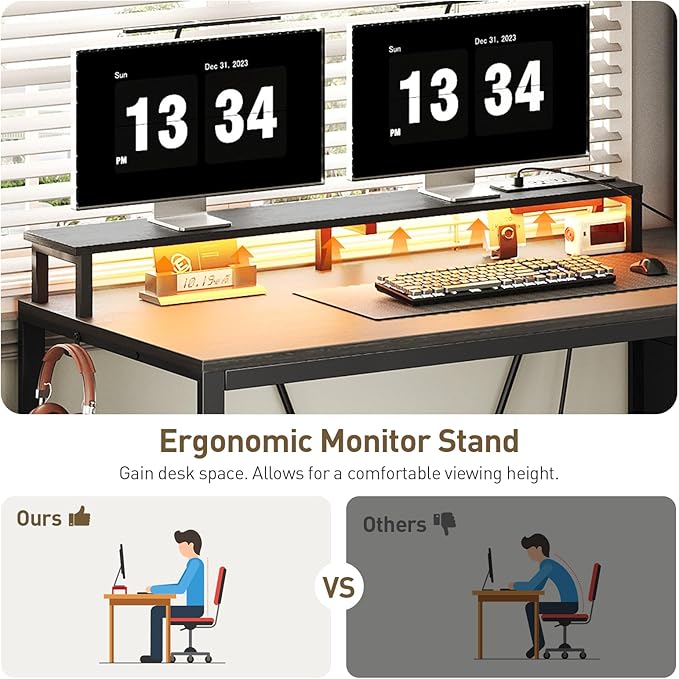 RALGEND Computer Desk with Shelves and Drawers, 43.3 Inch Gaming Desk with Charging Station and LED Lights, Desk Workstation with Monitor Stand and Storage for Home Office, Black