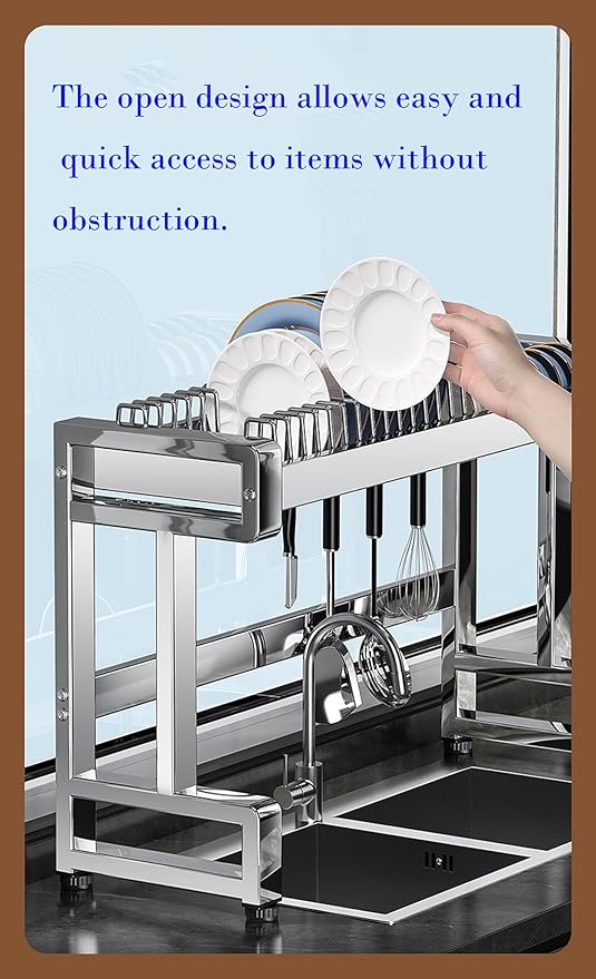 Over The Sink Dish Drying Rack, 3-Tier Stainless Steel Dish Rack, Sink Organizer,for Kitchen Counter.with Hook & Chopsticks Holder,Cutting Board Rack, Adjustable Feet(33.4 * 11.4 * 31in)