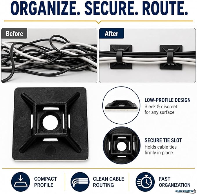 Kable Kontrol Zip Tie Mounts, 1” Sq, Black, 100 Pcs, Adhesive Backed Multi-Purpose UV-Resistant Mounting Squares Nylon Cable Tie Wrap Anchor Pads for Cable Management