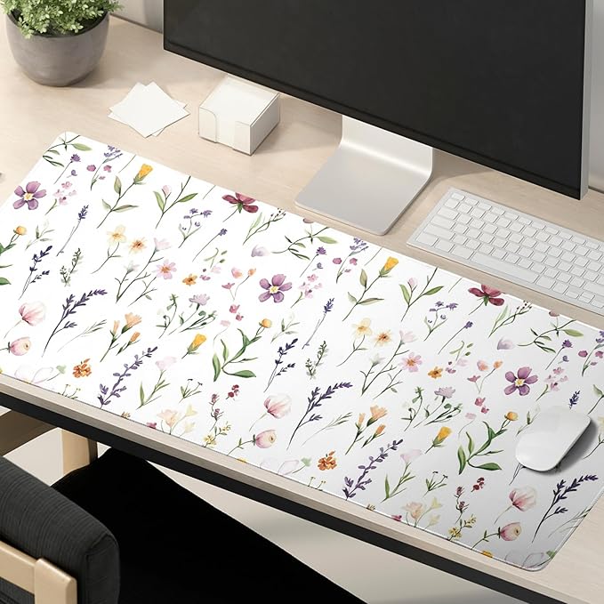 Spring Summer Wildflower Desk Pad Mouse Pad XXL 35.4”x15.7” Large Extended Gaming Mouse Pad with Stitched Edges Non-Slip Rubber Base Mousepad Floral Desk Accessories for Home Laptop Office Work Game