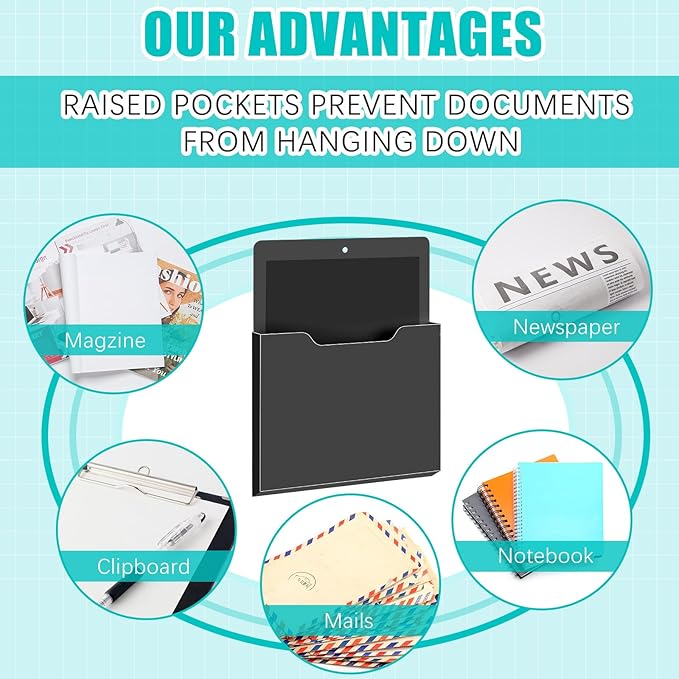 Feifeiya 2 Pcs Magnetic File Folder Wall Hanging Holder Large Pocket Paper Magazine Mail Organizer for Refrigerator Classroom Locker Whiteboard(Vertical,Black White,12.2 x 9.4 Inches)