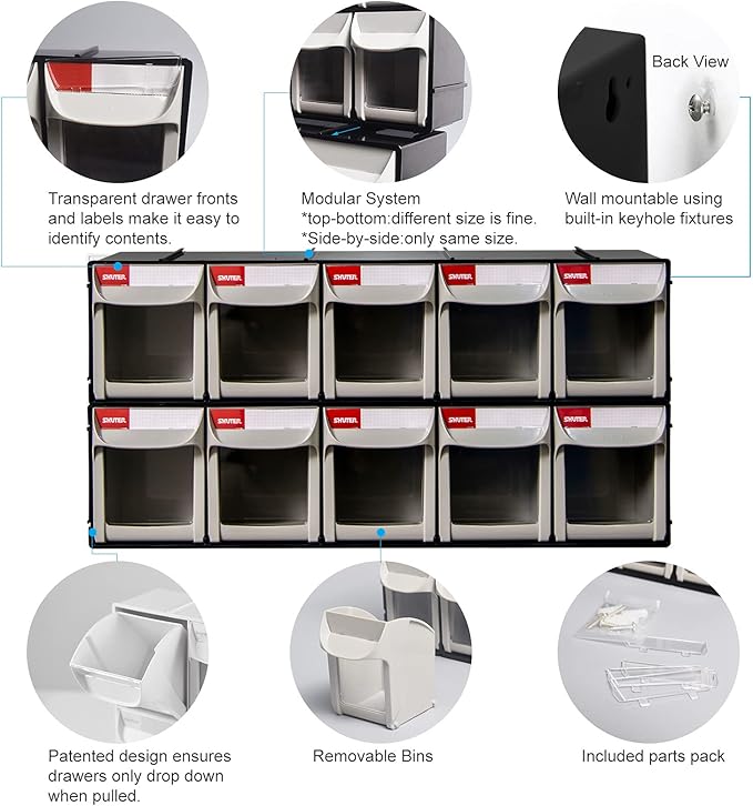 SHUTER Plastic Small Parts Organizer, Dental Tilt out Storage Container System, Tip Out bin for screws, nuts, small tools, Kits Included, Stackable Storage Bins with 5 Drawers, Black, FO-605-BK
