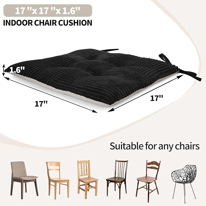 Office Stacking Chair Cushion with Ties, Corduroy High Density Foam Non-Slip Kitchen Seat Cushion, Square 17" x 17" Indoor Dining Chair Pads, Black, 1 PCS