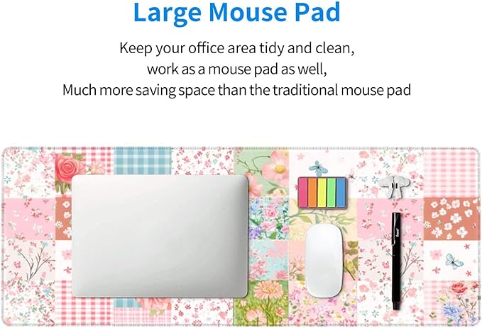 Patchwork Floral Mouse Pad 31.5 X 11.8 Inch Big Desk Rubber Base Stitched Edges Keyboard Pad XXL Mouse Mat for Home Game and Office