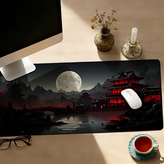 Large Gaming Mouse Pad Japan Red Black Full Moon Desk Mat,Non-Slip Rubber Base Stitched Edges,Extended Mousepad for PC,Laptop,Office,Home Decor(31.5 x 11.8 Inch)