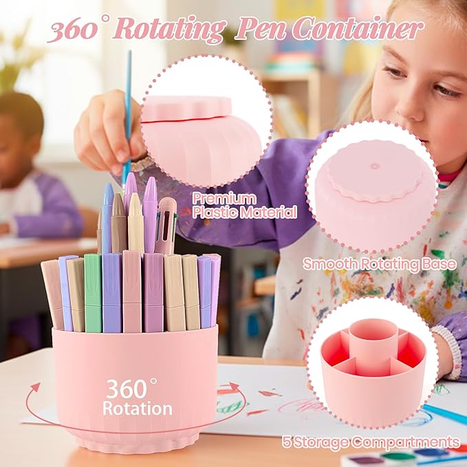 Pink Desk Accessories, 11Pcs Desk Organizer with 360°Rotating Pen Holder, Stapler, Staples, Staple Remover, Pen, Ruler, Tape Dispenser, Tape, Clips, Scissor, Notes, Office Supplies