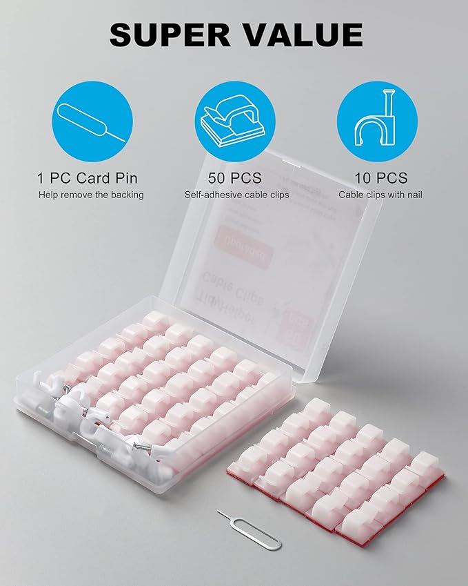 Adhesive Cable Clips White (60 PCS), Upgraded Wire Clips for Cable Management, Strong Cord Clips Wire Holders for The Wall, Under Desk, Led Strip, Electric Wires, Ethernet Cable Clips_Small