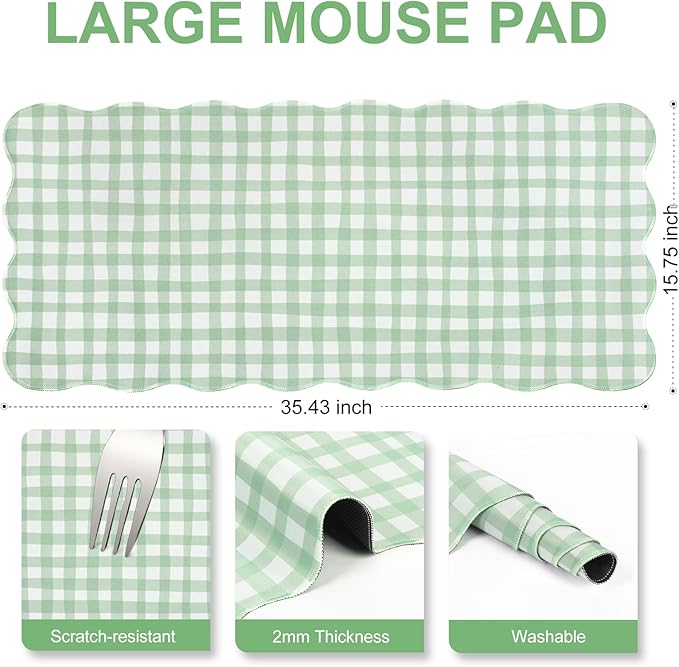 L-SPOUTTO Green Checkered Mouse Pad,Cottagecore Scalloped Desk Mat XXL Large Cute Pastel Gaming Mousepad,35.4x15.7in Non-Slip Keyboard Pad Waterproof Desktop Mat for Laptop Computer Game Home Office